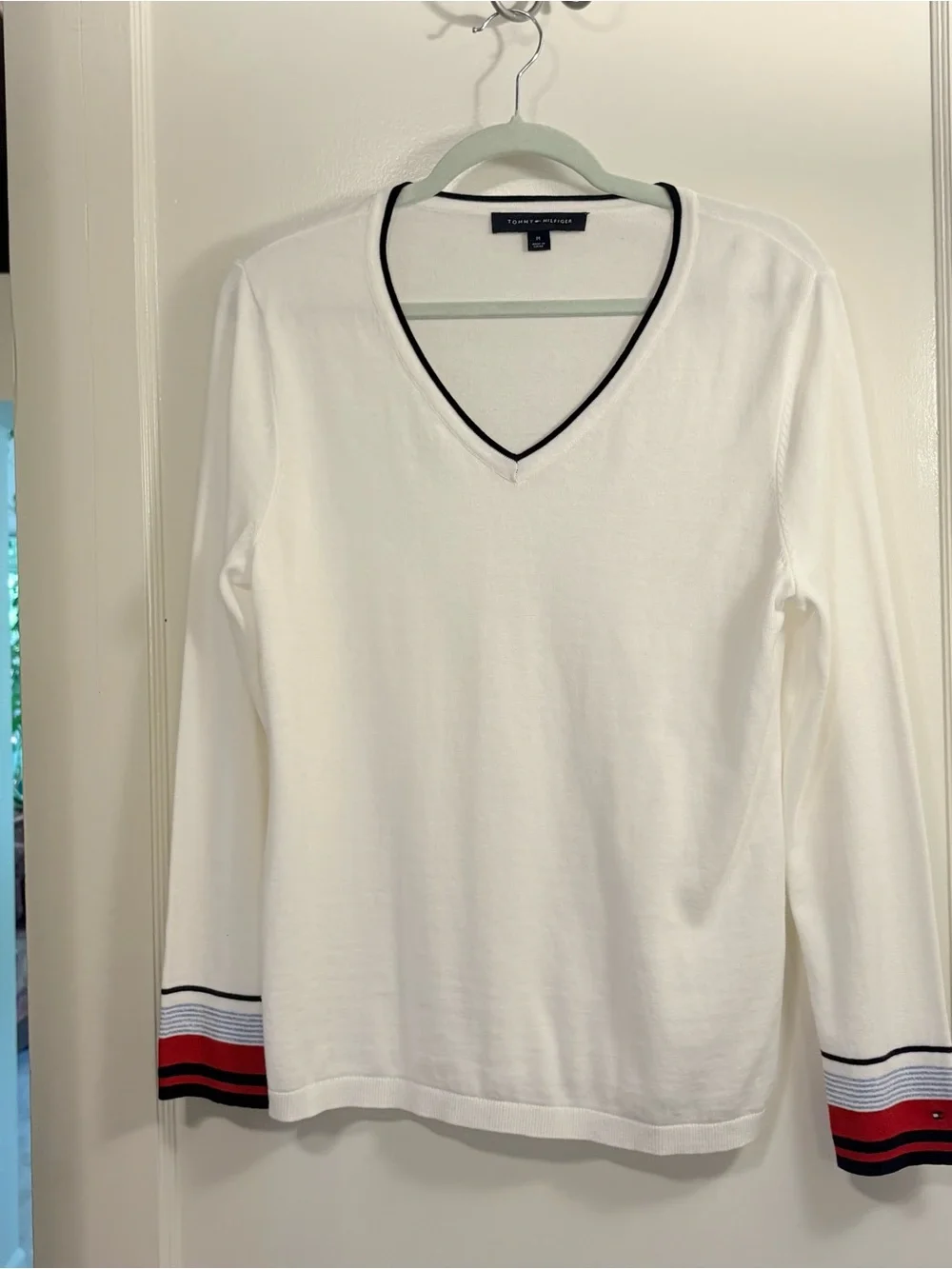 Tommy Hilfiger White V-Neck Sweater with Red & Navy Stripe Cuffs